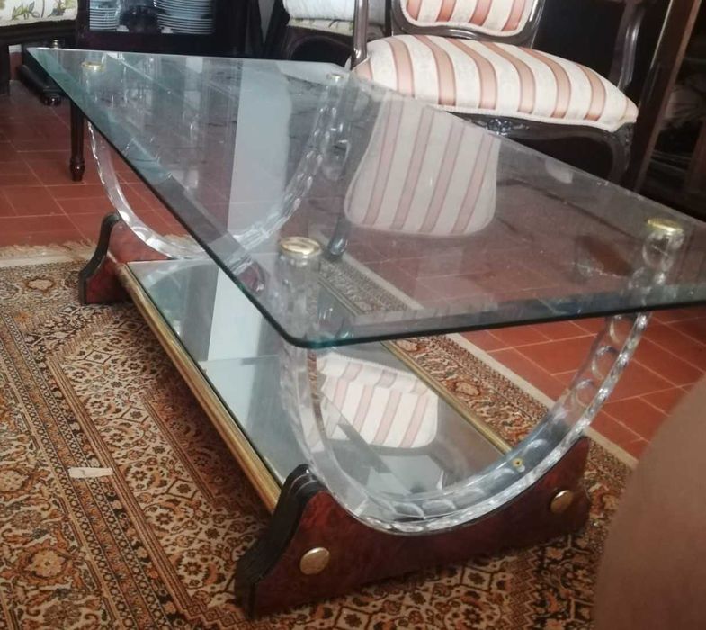 Mesa de Centro em Vidro; Espelho e Madeira