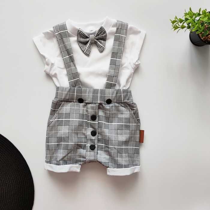 Modny SZARY GARNITUR, elegancki letni ZESTAW mucha, komplet chrzest 68