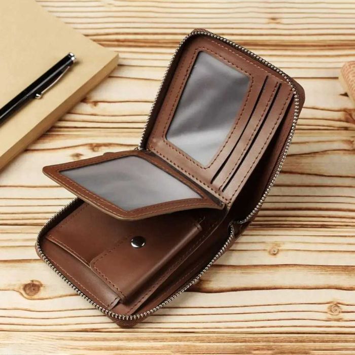 Carteira masculina de couro com zíper, grande capacidade