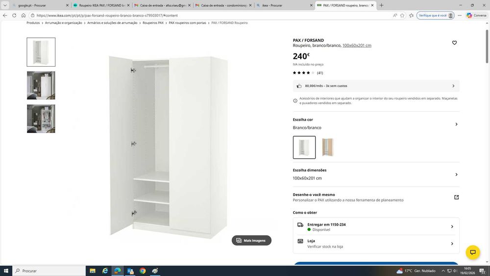 Roupeiro IKA, branco/branco, 100x60x201 cm