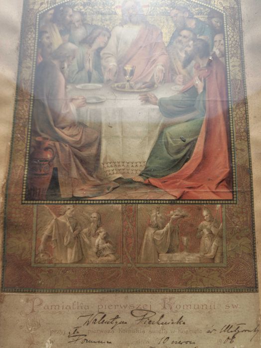 Antyczny, stary obraz religijny pamiątka z Pierwszej Komunii z 1906r.