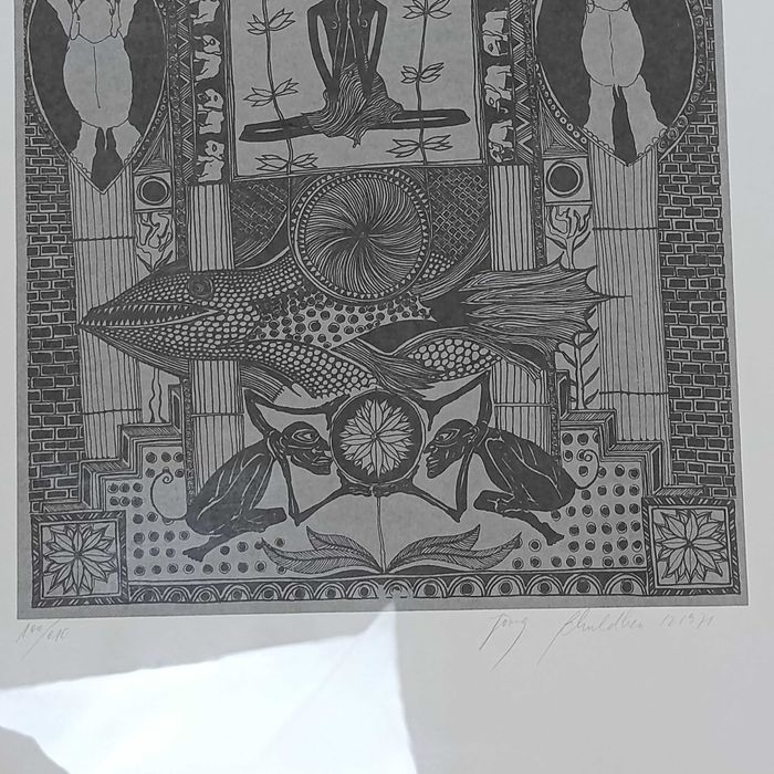 Grafika Jörg Shimon Schuldhess | Ryba wspierana przez dwóch sceptyków | serigrafia 1971
