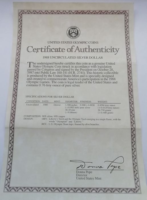 США 1 долар 1988р. (D) СРІБЛО. Олімпійські ігри в Сеулі. Сертифікат.