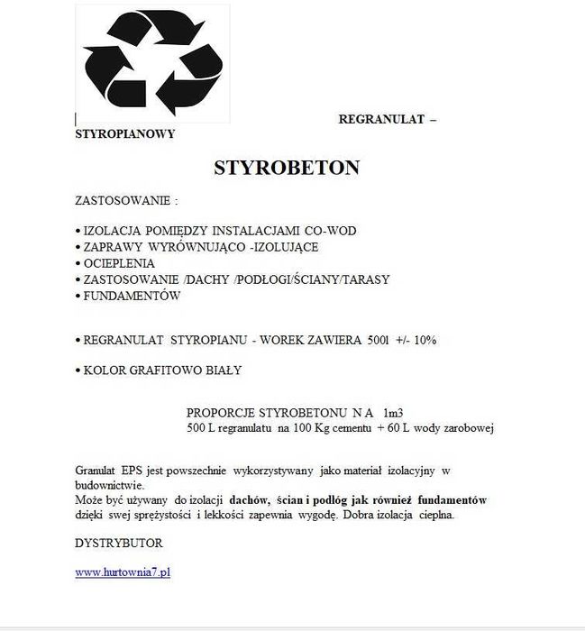 MIELONY STYROPIAN STYROBETON regranulat do wylewek ociepleń DO PUFY