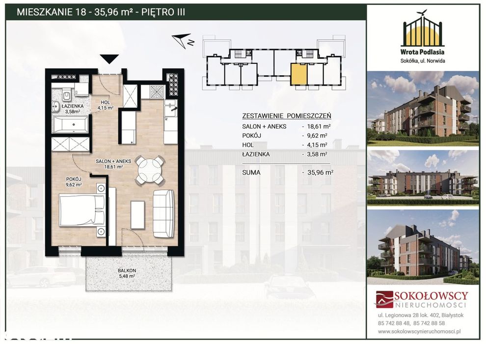 Sokółka  ul. Norwida dwupokojowe 35,96 m2