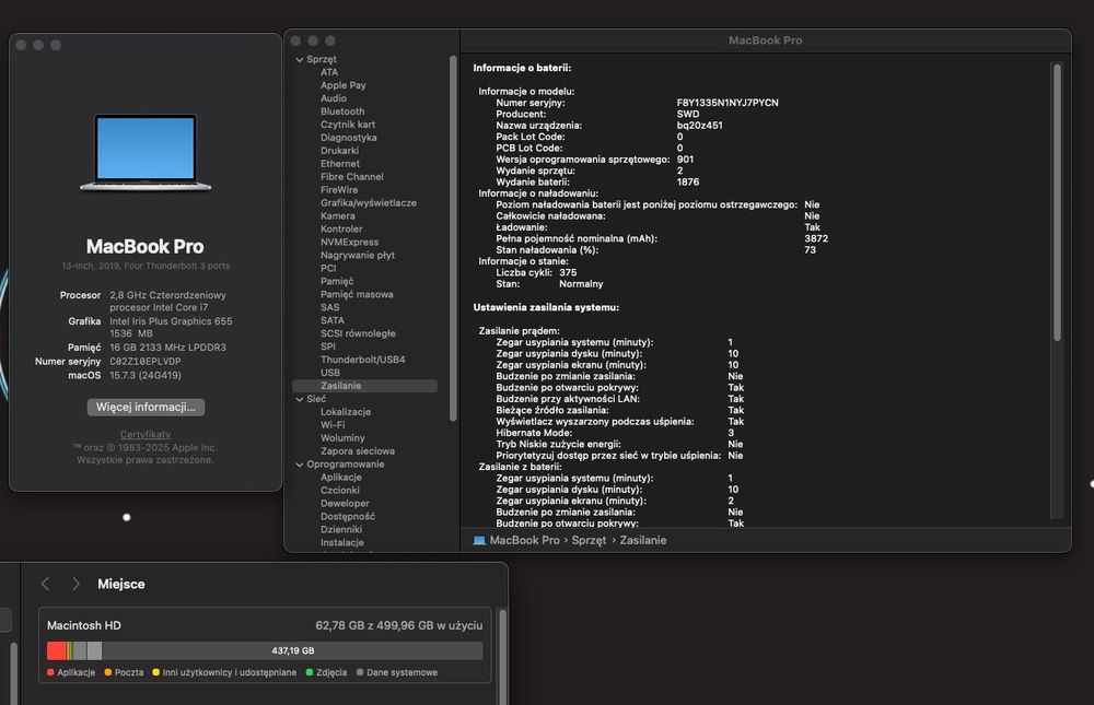 MacBook Pro 13" A1989 (2019) i7 / 16GB RAM / 512GB SSD – 100% sprawny