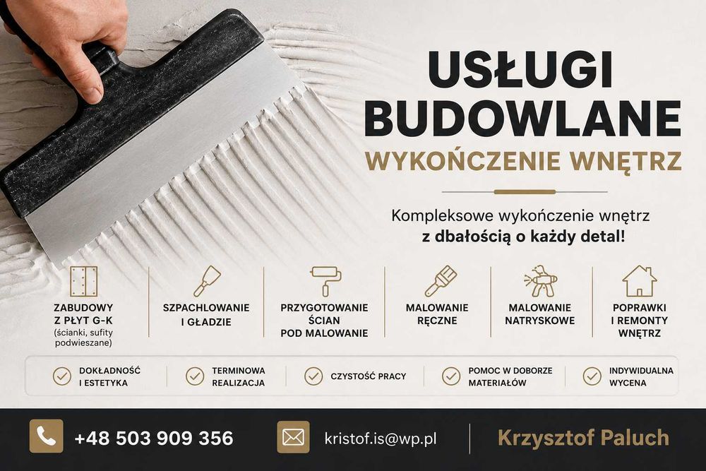 Wykończenia wnętrz | Gładzie | Regipsy | Malowanie | Szpachlowanie. Szczecin i okolice, Gorzów Wielkopolski