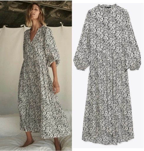 Sukienka zara boho loose L biała czarna kwiaty