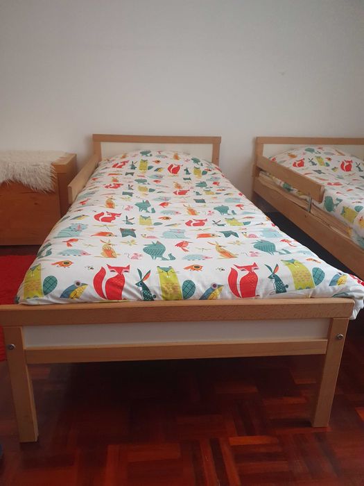 2 Estruturas de cama c/estrado ripas, faia, 70x160 cm + colchão IKEA