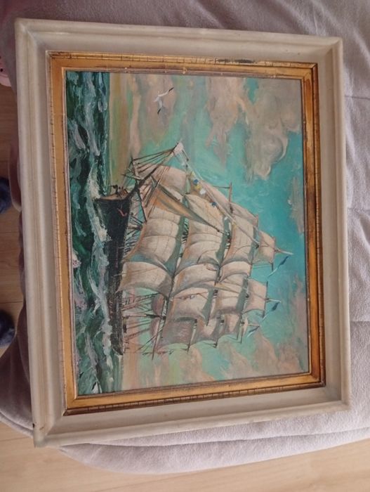 Quadro pintado à mão vintage antiguidade moldura branca e dourada