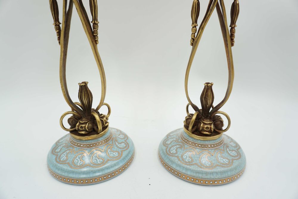 PARA świeczników bękitne porcelana z brązem