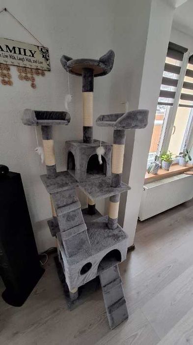 Drapak dla kota z legowiskiem 170 cm domki platformy zabawki szary