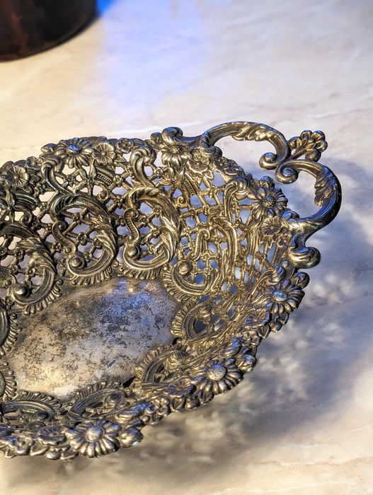 Ażurowa patera platerowana srebrem owocarka antyk