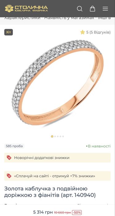 Золота каблучка з подвійною доріжкою з фіанітів розмір 17-17,5 кольцо