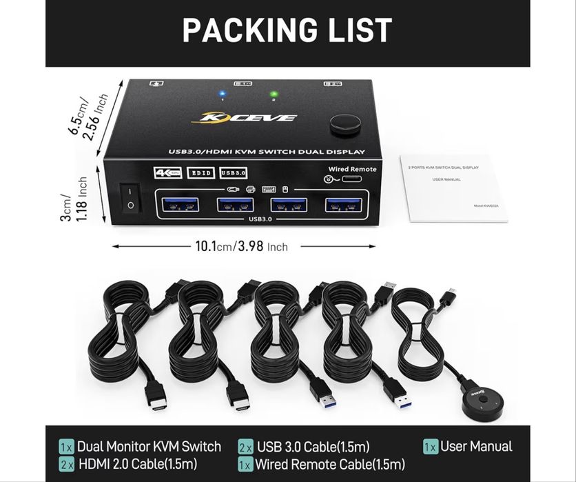 USB 3.0 Przełącznik HDMI KVM 2 Komputery 2 Monitory, Symulacja EDID