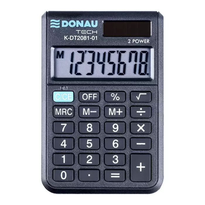 Kalkulator kieszonkowy DONAU TECH, 8-cyfr. wyświetlacz, wym. 90x60x11 mm, czarny. Nowy Produkt