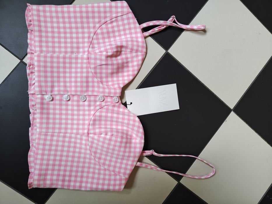 Zara 2026 nowy crop top gorsetowy w kratkę vichy falbanki guziczki s