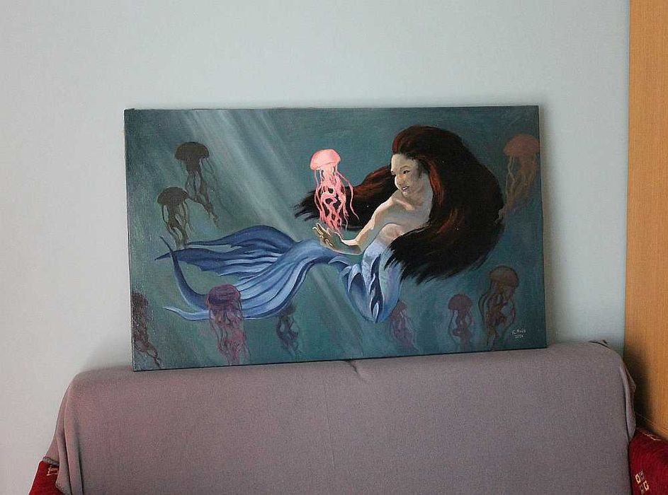 SYRENA pośród meduz fantasy mermaid duży obraz olejny 100x60 cm