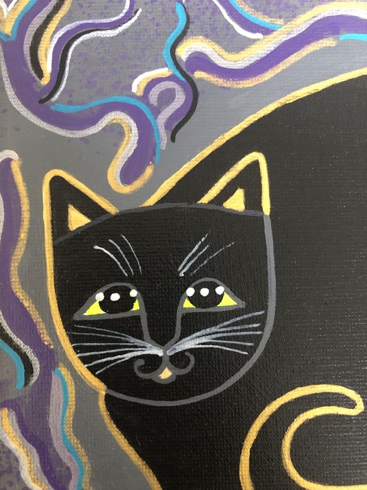 Ręcznie malowany obrazek - czarny kot, w złotej oprawie
