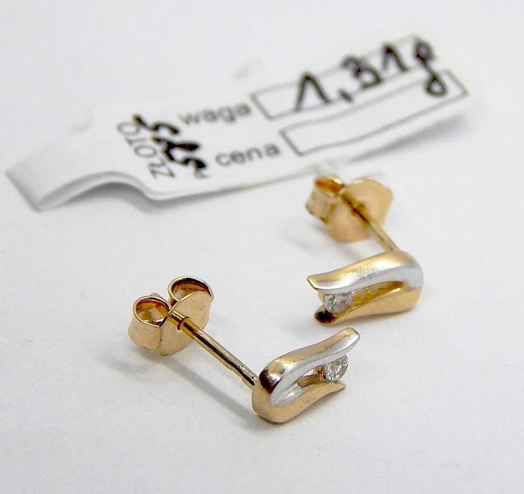 Złote kolczyki fantazyjne z cyrkonią sztyft białe złoto pr. 585 1,31 g