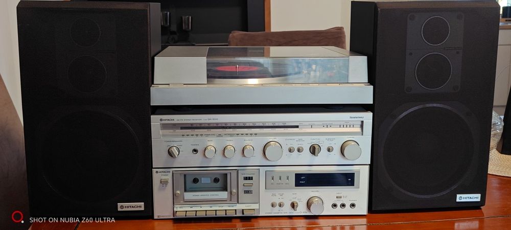 Stereo Hitachi, amplituner, deck, gramofon, kolumny.