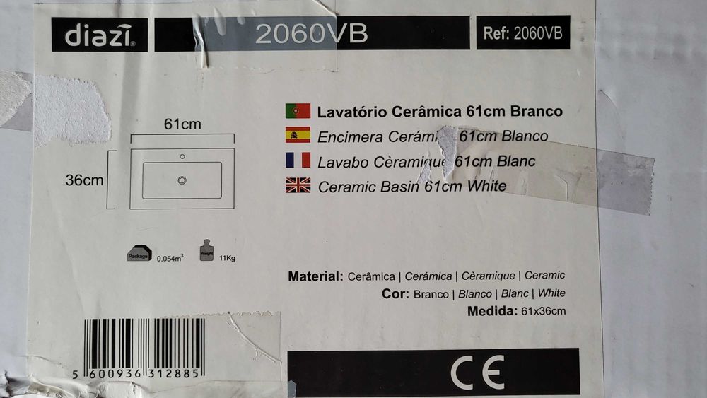 Lavatório Cerâmica 61cm Branco Banhoazis, Modelo 2060VB, Novo