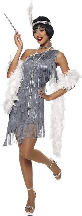 Srebrny Kostium Flapper Lata 20. Z Frędzlami  Rozmiar L/Xl