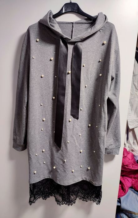 Bluza sukienka szara z perełkami mega