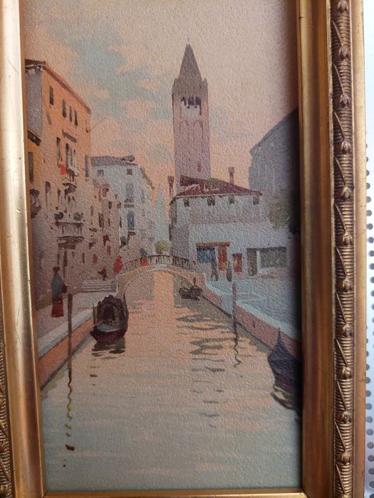 Pintura antiga Veneza sobre cartão com moldura