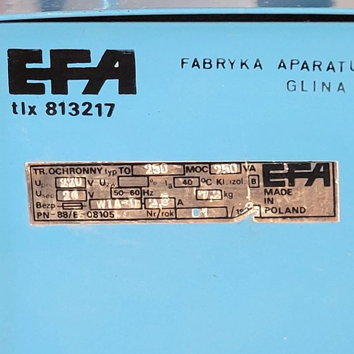 Transformator ochronny 220 / 24V. Moc 250.EFA tlx 813217