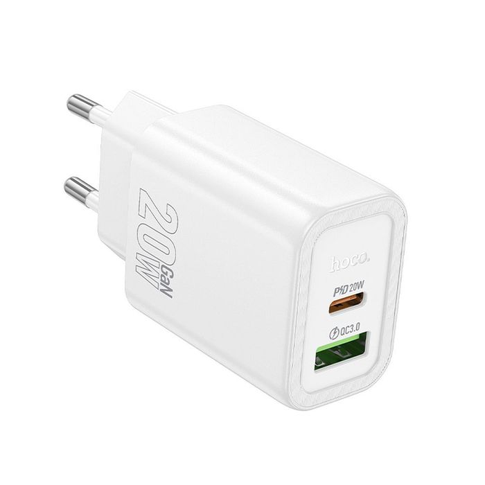 Ładowarka sieciowa do telefonu Hoco USB A + USB C QC3.0 PD 3A 20W N61 biała