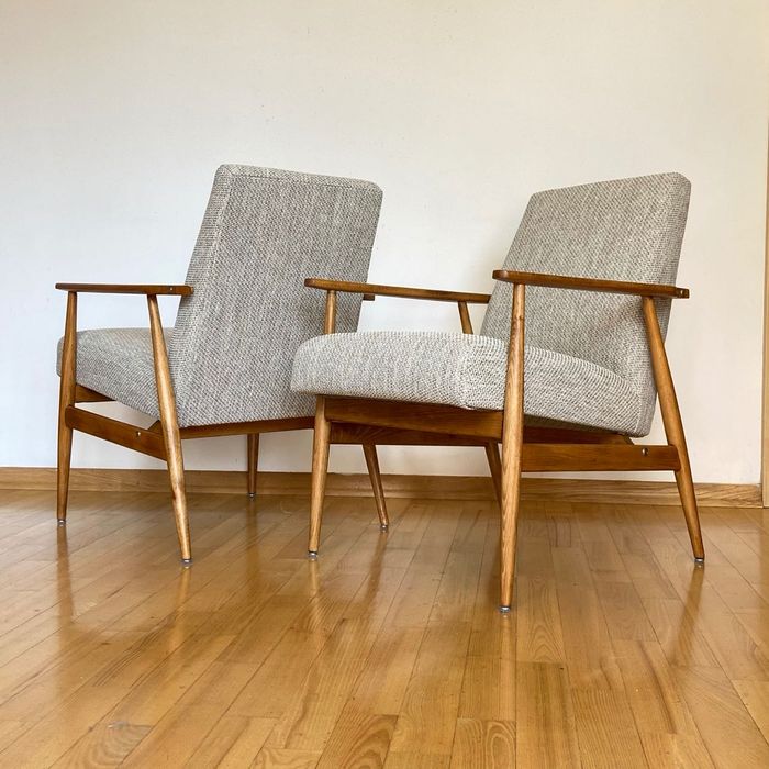 Fotel LISEK PRL klasyczny szary beżowy Jasny dąb pełna renowacja 16