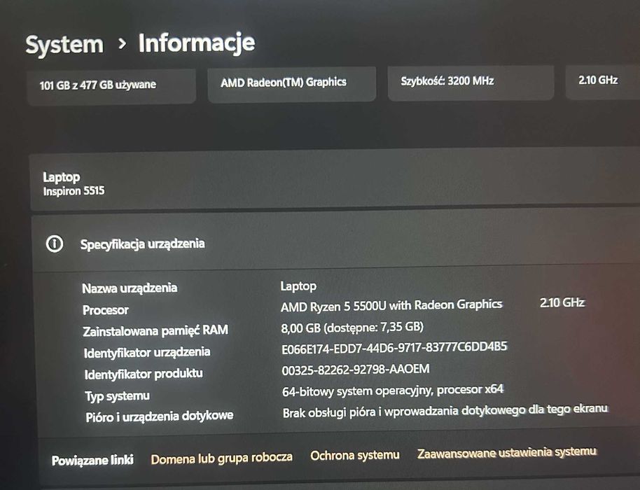 Dell Inspiron 5515 Ryzen 5 / 8GB / SSD 512GB , JAK NOWY
