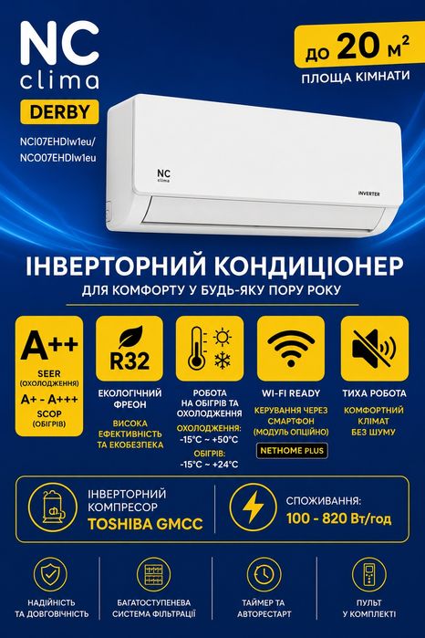 Продаю інверторний кондиціонер NC clima DERBY (до 20 м²) новий та ефективний