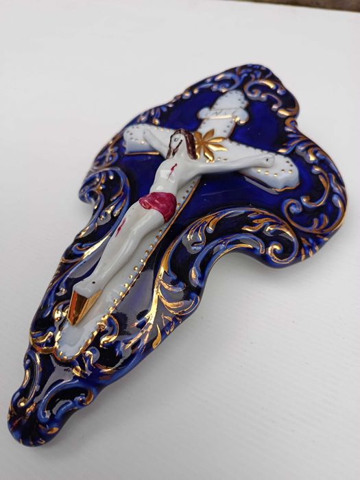 Crucifixo Cristo Porcelana Policromada 22 cm Antigo Marcado