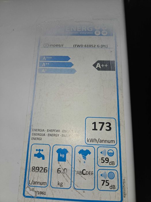 Pralka Indesit 40cm Wsad 1-6 kg 1000 obr. Waga Klasa A 2 plus. PL Menu. Gwarancja! Po serwisie.Tanio