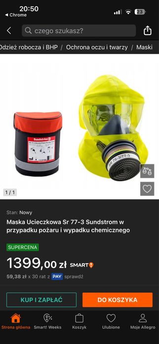 Maska Ucieczkowa Sr 77-3 Sundstrom w przypadku pożaru i wypadku chemicznego