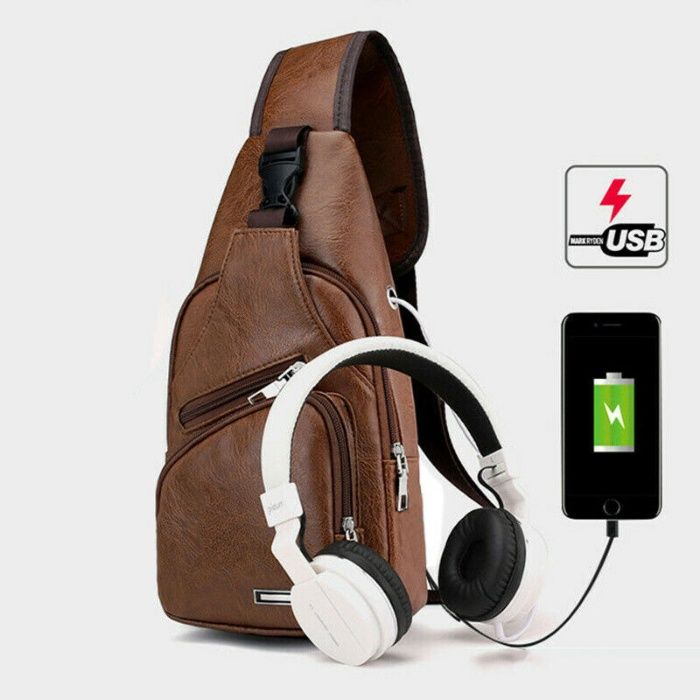 Men Shoulder Bag Sling Chest PU USB Charging Sports Crossbody Handbag