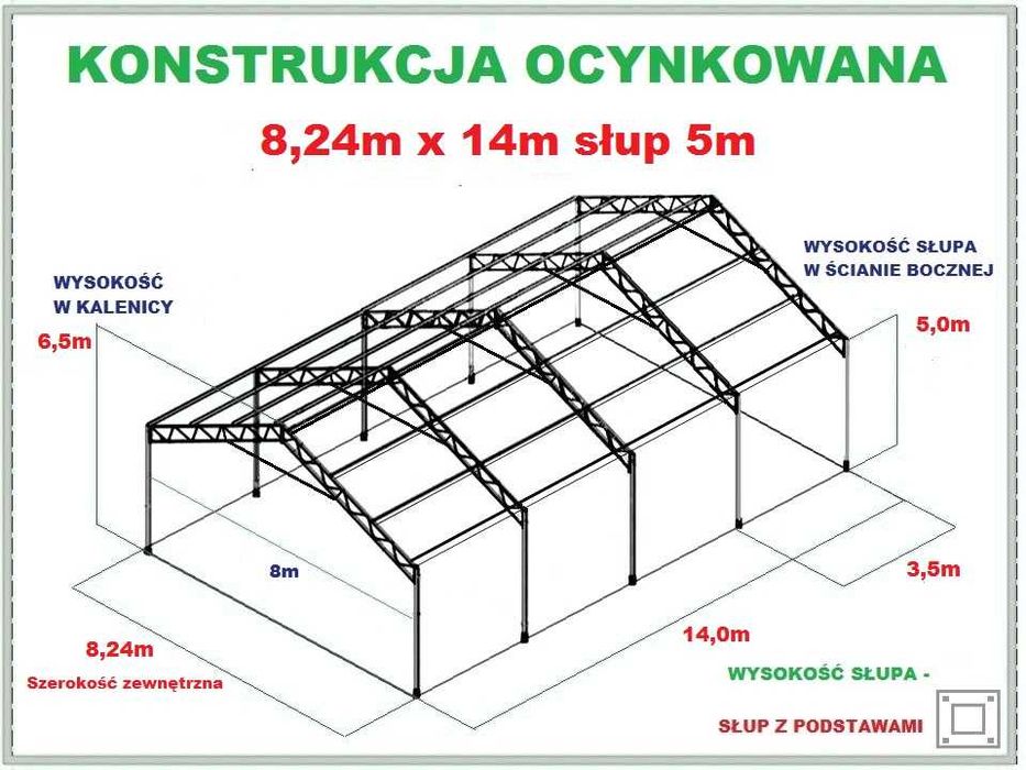 NOWA WZMOCNIONA KONSTRUKCJA WIATA OCYNKOWANA 8x14 Garaż Magazyn Hala Wiata Rolna Warsztat Stodoła Budynek  Piaskowanie Serwis Lakiernia