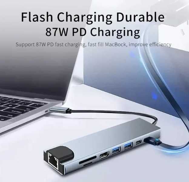USB-C para Gigabit RJ45 Adaptador 8 em 1 com porta PD