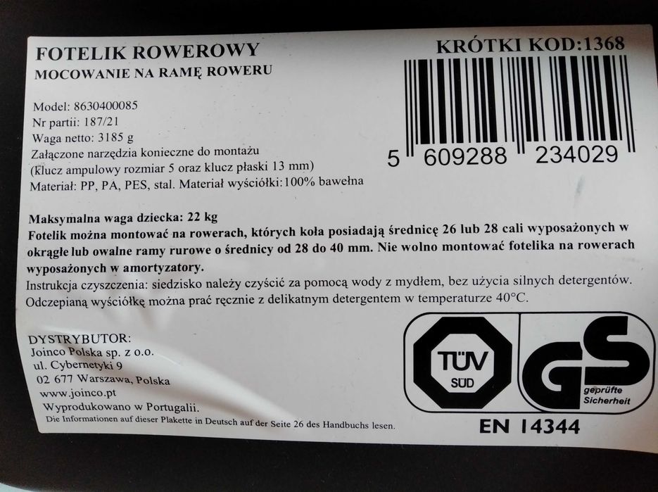 NAJTANIEJ Fotelik Rowerowy Na Ramę Do 22 kg + Klucze i Poduszka