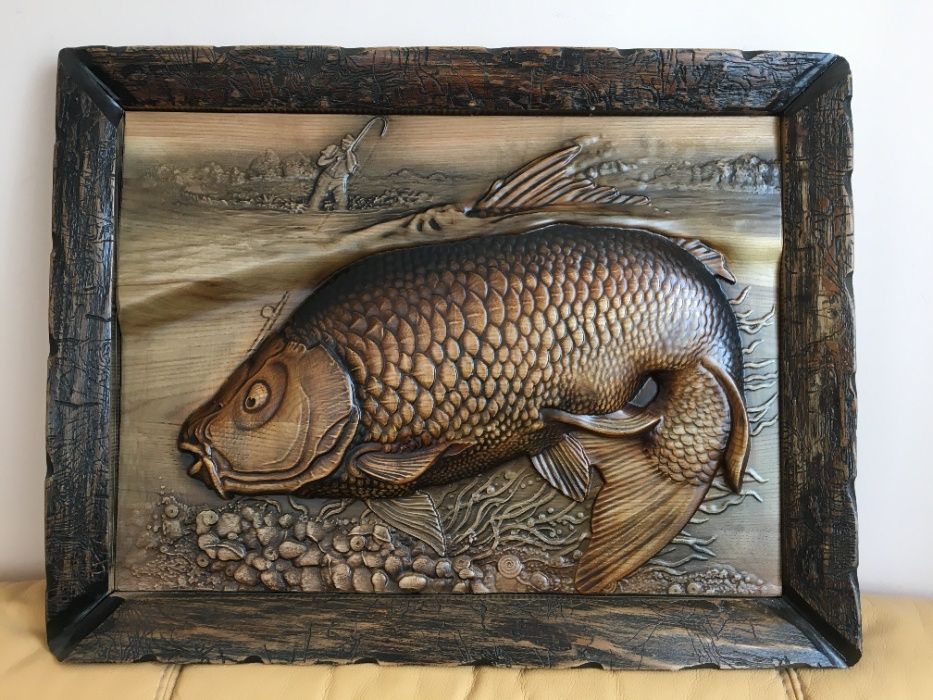 Картина з дерева, рибалка на карпа, щука