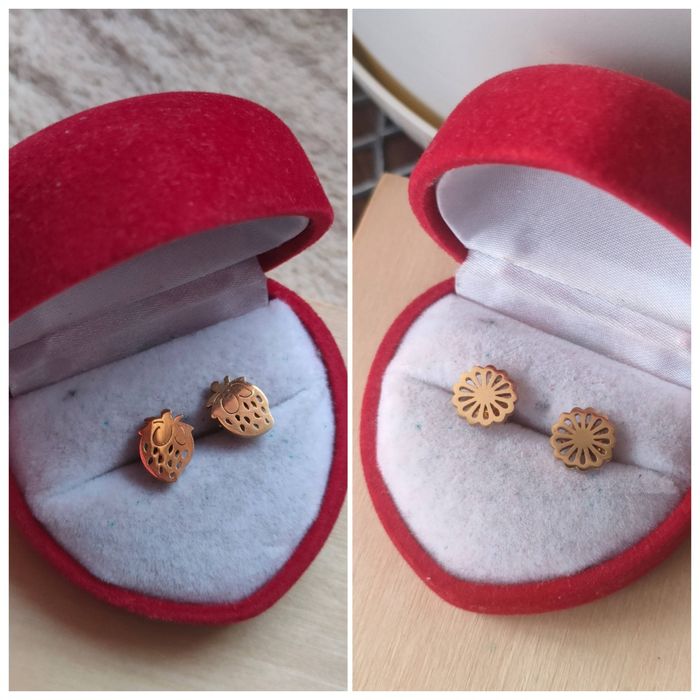 2 pary kolczyki kwiatki truskawki kolor złoty wkręty sztyfty stal