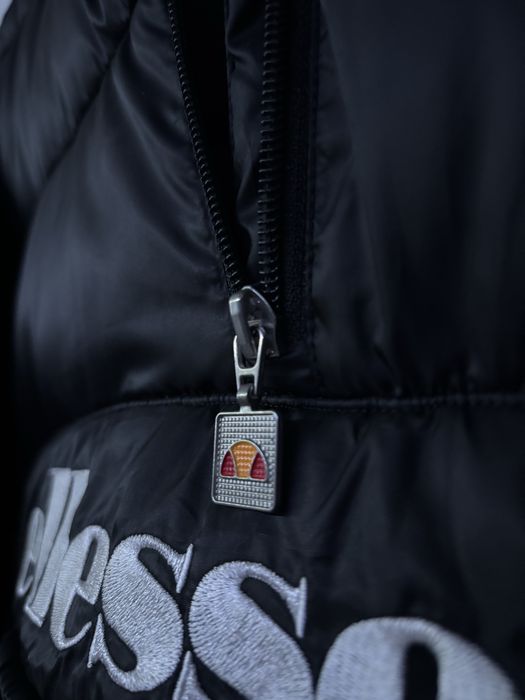 Ellesse black hooded puffer jacket zip logo printed