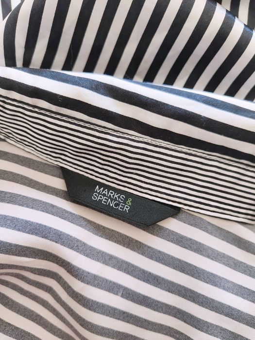 Elegancka satynowa koszula w paski biała czarna długi rękaw rozmiar 38 M