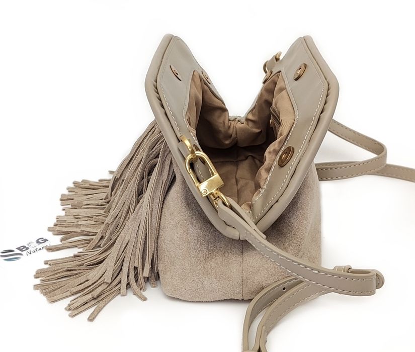 TOREBKA Listonoszka Kopertówka EKO Zamsz Frędzle Taupe 2w1 MODNA