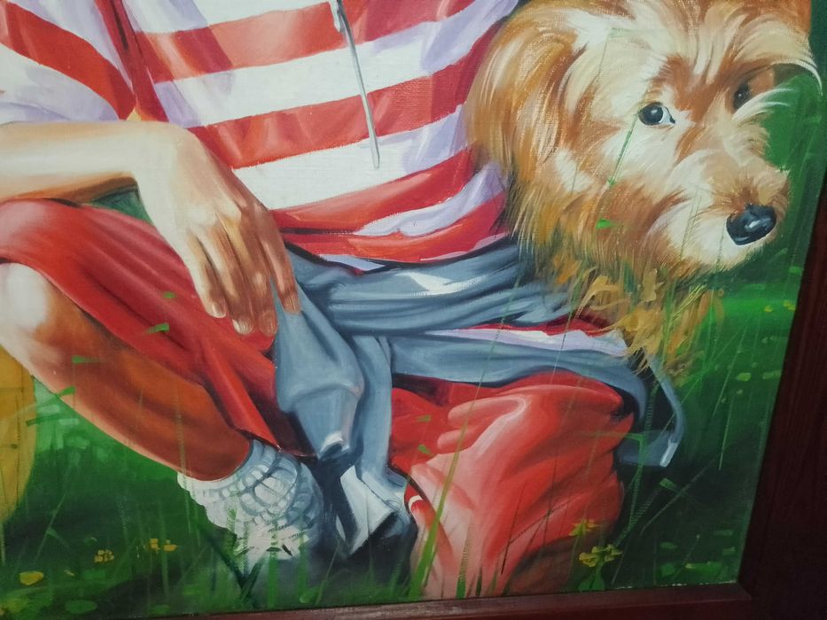 Obraz olejny. 3D. Dzieci, pies, natura. Barwny. Wyrazisty. 65x73 cm.
