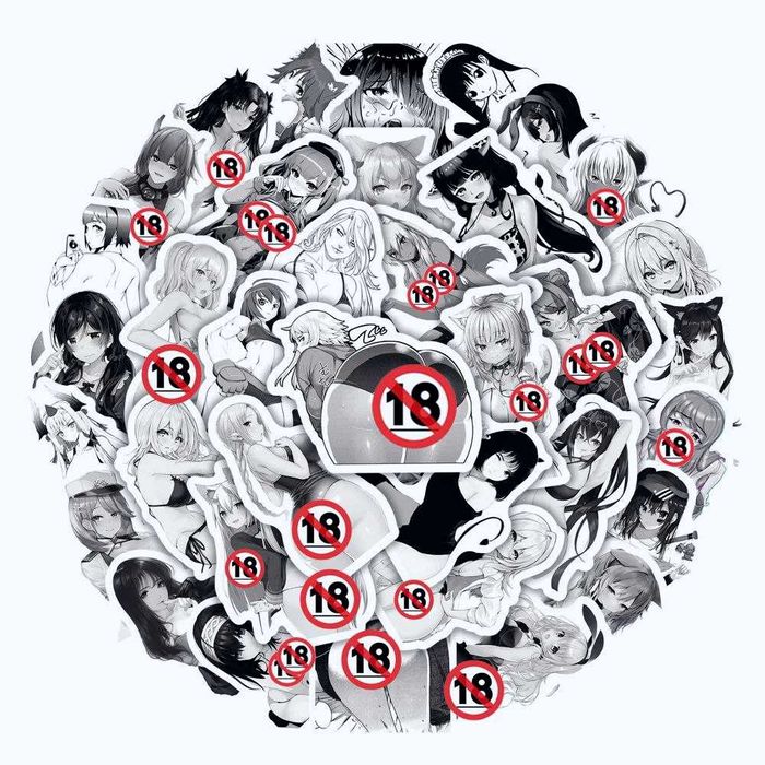 Наклейки стикеры хентай аниме вайфу сексуальные девушки черно-белые