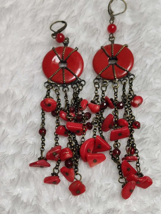 Kolczyki wiszące miedziane, czerwone
