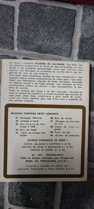 Fichas de Culinária Vintage Gás Mobil (1971) - Sobremesas Quentes e Frias (Série 1, N° 31 a 40)